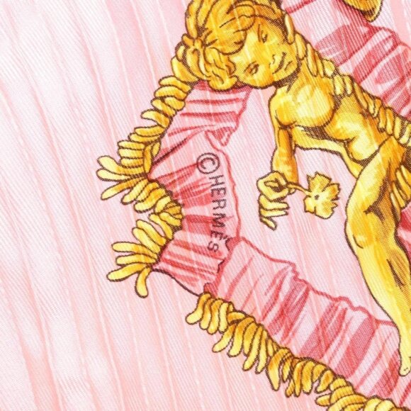 HERMES Pleated Carre 90 Scarf ""Traineaux et glifsades"" Silk Pink Auth - Picture 14 of 16
